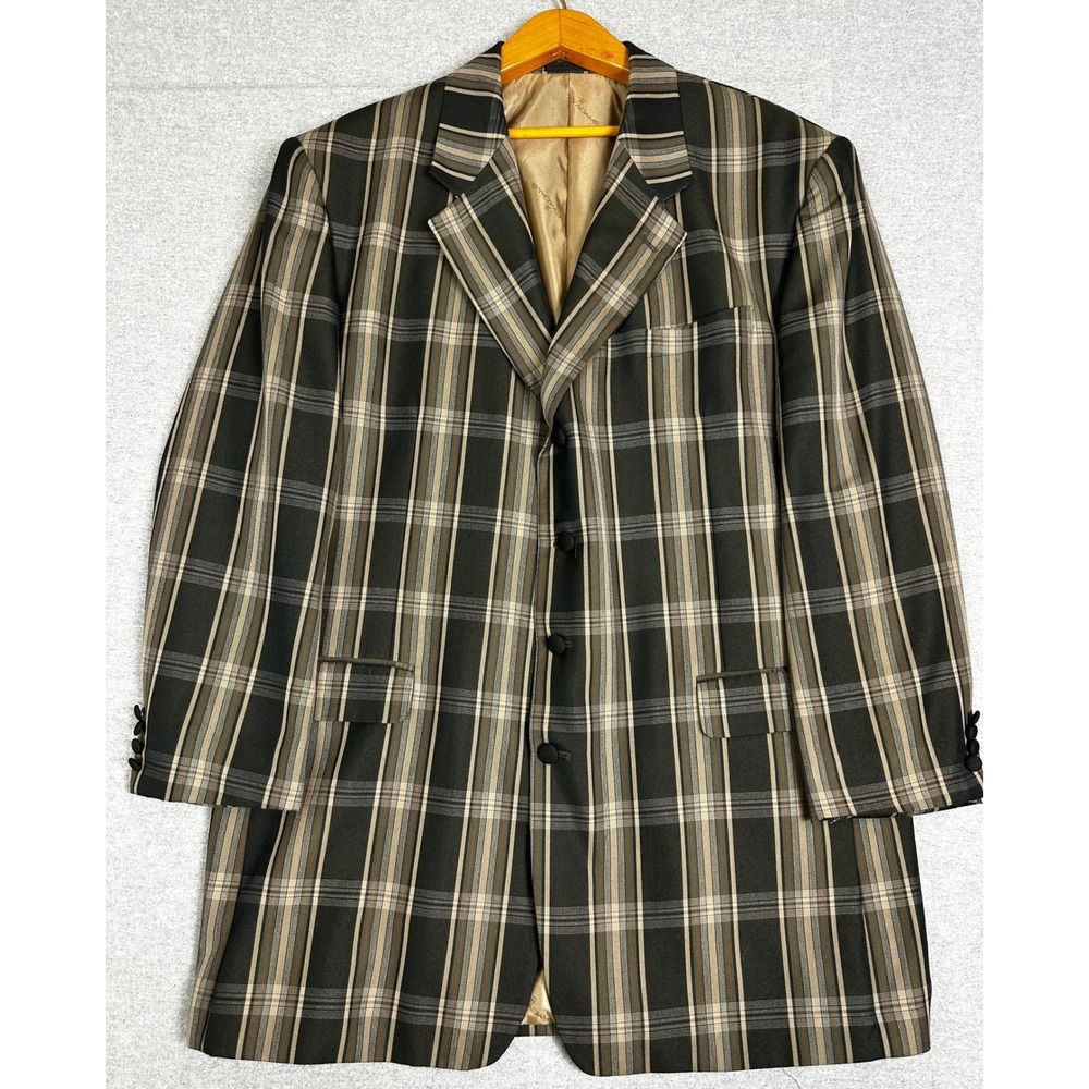 NEW Stacy Adams Blazer Mens 46L Black Tan Plaid Super 100s Long Jacket